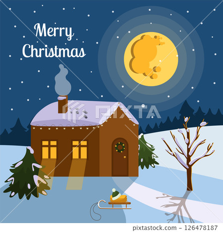 Merry Christmas. New year's card, banner poster. Nice, cozy house in the woods, big moon. Vector. Merry Christmas. New year's card, banner poster. Nice, cozy house in the woods, big moon. Vector. 126478187