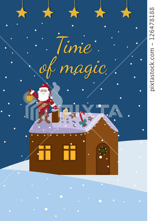 Christmas house, with Santa Claus on the roof, in traditional clothes and a red hat. He holds a lantern in his hand. Snow is falling. Vector. 126478188