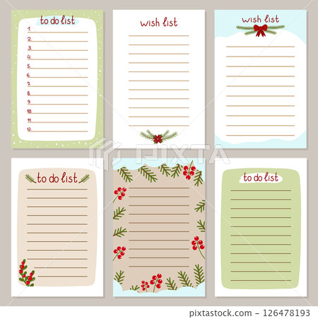 Set of to-do lists template wish pages for Christmas and New Year. Decorated with fir branches, winter berries, poinsettia and snow. Vector illustration of holiday planning and gifts. 126478193