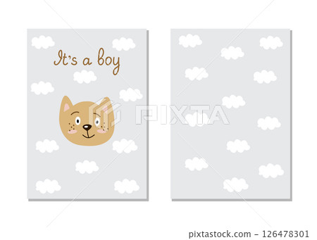 A postcard, invitations for a baby shower, it's a boy. Cute cat on the background of clouds and an inscription. Template vector illustration for printing, double-sided A postcard, invitations for a baby shower, it's a boy. Cute cat on the background of clouds and an inscription. Template vector illustration for printing, double-sided 126478301