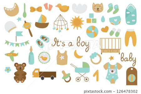 Baby shower set, it's a boy. Crib, diaper, carousel, toys, pacifier, bottle, flags, airplane, socks. ball. Vector illustration of the child's first items. Baby shower set, it's a boy. Crib, diaper, carousel, toys, pacifier, bottle, flags, airplane, socks. ball. Vector illustration of the child's first items. 126478302
