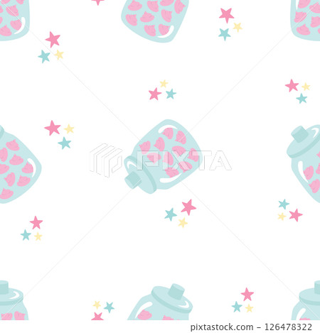 Seamless pattern for a little princess, with pink cookies, marshmallows in a jar. Festive vector background for printing on paper, fabric, packaging. Illustration in soft pastel colors. Seamless pattern for a little princess, with pink cookies, marshmallows in a jar. Festive vector background for printing on paper, fabric, packaging. Illustration in soft pastel colors. 126478322
