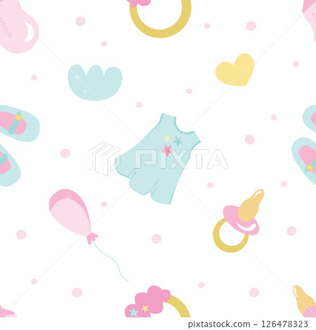 Seamless pattern for a little princess, with a cute dress, balloons, nipples, bottles. Festive vector background for printing on paper, fabric, packaging. Illustration in soft pastel colors. Seamless pattern for a little princess, with a cute dress, balloons, nipples, bottles. Festive vector background for printing on paper, fabric, packaging. Illustration in soft pastel colors. 126478323