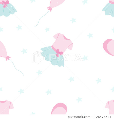 Seamless pattern for a little princess, with a cute dress and balloons. Festive vector background for printing on paper, fabric, packaging. Illustration in delicate pastel colors. Seamless pattern for a little princess, with a cute dress and balloons. Festive vector background for printing on paper, fabric, packaging. Illustration in delicate pastel colors. 126478324