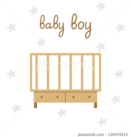 A postcard, invitations for a baby shower boy. A crib on a background of stars and an inscription. Template vector illustration for printing A postcard, invitations for a baby shower boy. A crib on a background of stars and an inscription. Template vector illustration for printing 126478325
