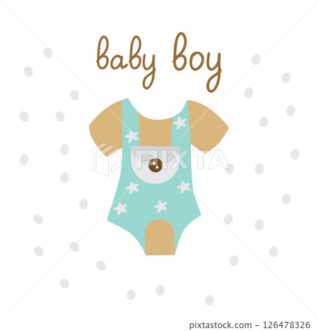 A postcard, invitations for a baby shower boy. A bodice on a background of stars and an inscription. Template vector illustration for printing 126478326