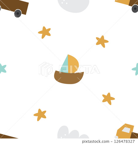Seamless pattern for a shower boy with a boat, a truck and stars. Vector illustration for clothes, printing on paper, on fabric, postcards, design. 126478327