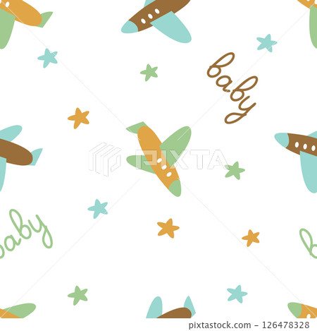 Seamless pattern for a shower boy with an airplane, stars and the inscription baby. Vector illustration for clothing, printing on paper, on fabric, packaging, design. Seamless pattern for a shower boy with an airplane, stars and the inscription baby. Vector illustration for clothing, printing on paper, on fabric, packaging, design. 126478328