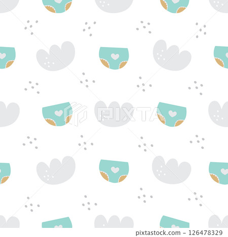 Seamless pattern for baby shower boy. Diapers, panties and clouds, cute simple baby background. Vector illustration for clothing, printing on paper, on fabric, postcards, design. 126478329