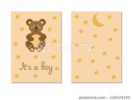 A postcard, invitations for a baby shower, it's a boy. A bear on a background of stars and an inscription. Template vector illustration for printing, double-sided 126478330