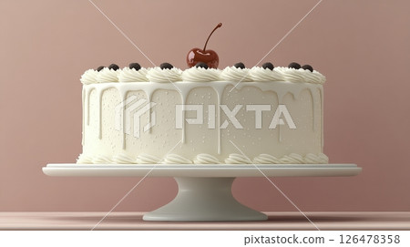 Delicious white cake with cherry topping on a pedestal against a pink background Delicious white cake with cherry topping on a pedestal against a pink background 126478358