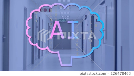 Image of binary coding and ai text over server room 126478463
