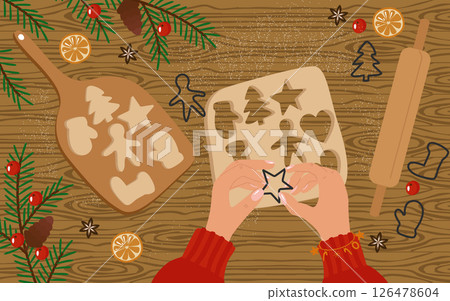 Baking Christmas cookies top view, flatley concept. Women's hands on the table with dough, molds, flour, a board and decor. Cones, poinsettia, berries, fir branches, sugar cane. Vector illustration Baking Christmas cookies top view, flatley concept. Women's hands on the table with dough, molds, flour, a board and decor. Cones, poinsettia, berries, fir branches, sugar cane. Vector illustration 126478604