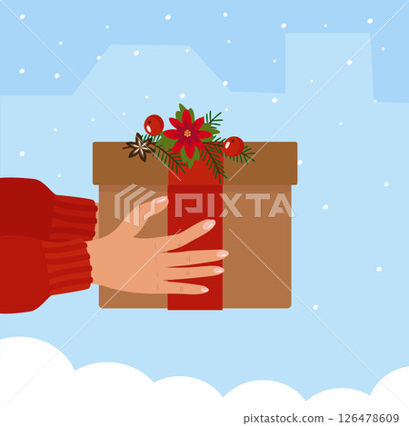Giving gifts for Christmas is a concept. The hands of a woman with a festive box. Vector winter illustration on a snowy background, for postcards, internet, banners 126478609