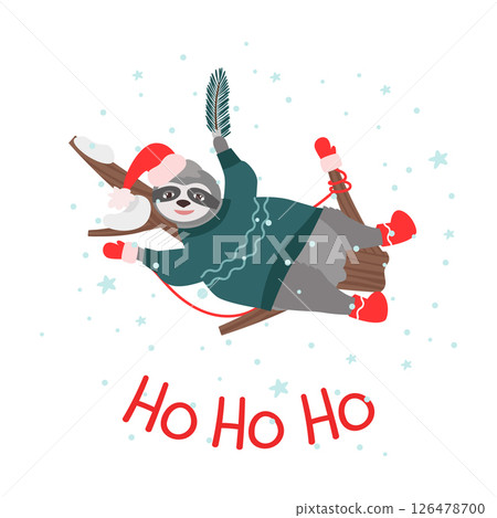 Ho ho ho, a Christmas card with a sloth on a tree and an inscription. In warm winter clothes, a sweater, mittens, felt boots. Vector illustration for design and decor, banner 126478700