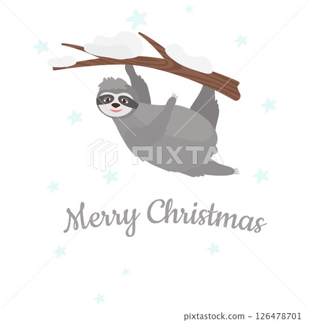 Merry Christmas, a postcard with a sloth on a tree and an inscription. Vector illustration for design and decor, banner 126478701