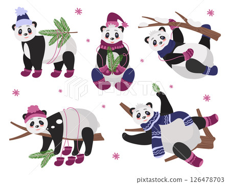 Christmas set of cute pandas on trees in different poses, in warm winter clothes with fir branches. Vector illustration of characters for holiday cards, design or decor 126478703