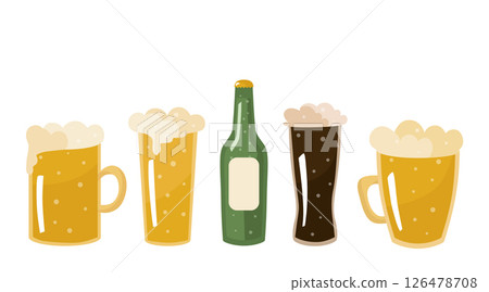 Beer in different types of mugs, glasses and in a bottle. Vector illustration isolated. For design or decoration 126478708