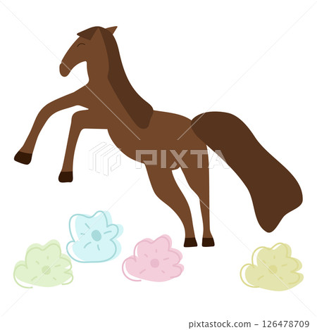 A beautiful Bay horse runs in a field with flowers. Vector illustration isolated. 126478709