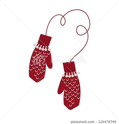 Winter warm knitted mittens, red with a pattern, a beautiful pair. Cute vector illustration. For a holiday card, banner, menu, flyer. Winter warm knitted mittens, red with a pattern, a beautiful pair. Cute vector illustration. For a holiday card, banner, menu, flyer. 126478749