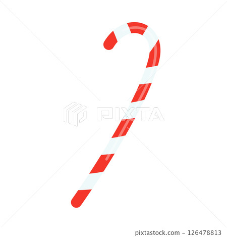 Lollipop cane on a stick in red and white stripes.  Vector Christmas and New Year illustration of sweets, confectionery 126478813