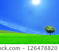 Background of a single tree standing in a grassland and a sky with a contrail 126478820