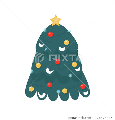 New Year's green Christmas tree. With a star and toys. Cute and cozy vector illustration. For a holiday card, banner, menu, flyer. New Year's green Christmas tree. With a star and toys. Cute and cozy vector illustration. For a holiday card, banner, menu, flyer. 126478846