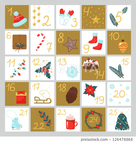 Christmas Advent calendar. Dates from the first to the 25th on postcards with New Year's pictures. Vector festive illustration of the December diary. Christmas Advent calendar. Dates from the first to the 25th on postcards with New Year's pictures. Vector festive illustration of the December diary. 126478868