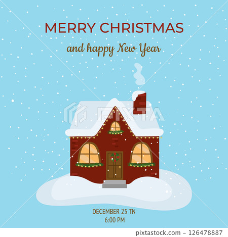 Christmas and New Year greeting card with a cute red house on a blue background. Cute winter vector illustration. For invitation, banner, cover, flyer. 126478887