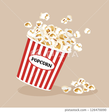 Popcorn in striped bucket fast food for watching cinema. Popcorn in striped bucket fast food for watching cinema. 126478890
