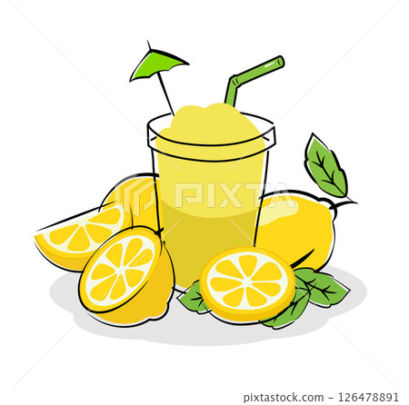 Lemonade juice with slices of lemon set on white background. 126478891