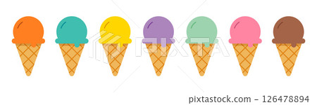 Ice cream cones on waffle many flavors desserts for summer. 126478894