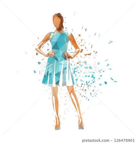 Young woman standing in turquoise summer dress. Hands on hips. Low polygonal isolated vector illustration, distortion effect Young woman standing in turquoise summer dress. Hands on hips. Low polygonal isolated vector illustration, distortion effect 126478901