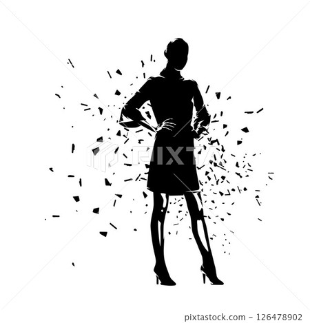 Business woman standing with hands on hips. Female fashion model clip art. Isolated vector silhouette with dispersion effect Business woman standing with hands on hips. Female fashion model clip art. Isolated vector silhouette with dispersion effect 126478902