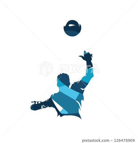 Volleyball player serving ball,  abstract blue isolated vector silhouette, front view. Team sport athlete logo 126478909