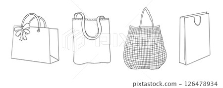 Shopping basket, bag, net shopper supermarket eco casual simple line. Craft bag, recycle trade icon set, hand drawn sketch grocery shopping. Shopping basket, bag, net shopper supermarket eco casual simple line. Craft bag, recycle trade icon set, hand drawn sketch grocery shopping. 126478934