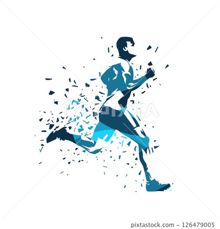 Run, running man, abstract blue isolated vector silhouette. Athletics logo, track and field Run, running man, abstract blue isolated vector silhouette. Athletics logo, track and field 126479005