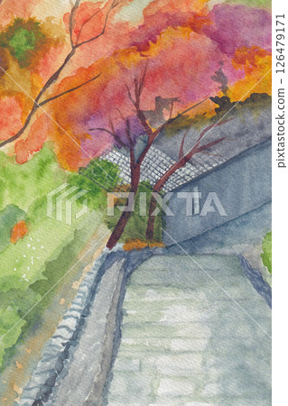 Hand-painted watercolor painting "Autumn leaves on a mountain path" Hand-painted watercolor painting "Autumn leaves on a mountain path" 126479171