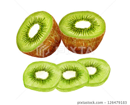 Colored pencil drawing of cut and arranged green kiwi fruit Colored pencil drawing of cut and arranged green kiwi fruit 126479183