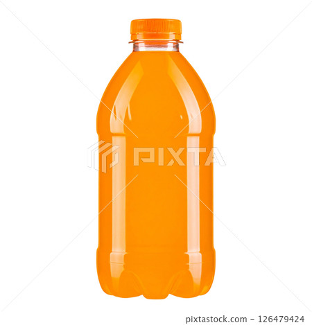 A cold, fresh orange juice in a plastic bottle, isolated on white 126479424