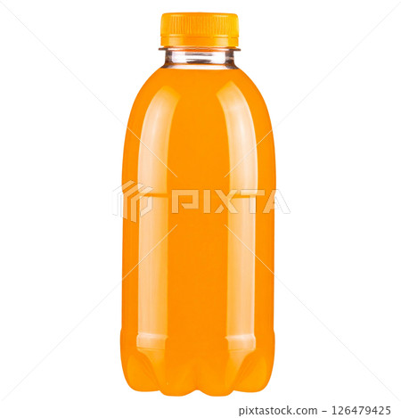 A cold, fresh orange juice in a plastic bottle, isolated on white 126479425
