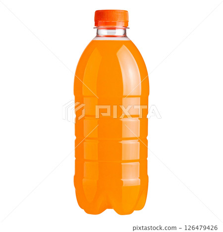 A cold, fresh orange juice in a plastic bottle, isolated on white 126479426