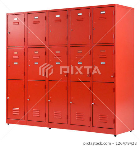 Old blue metal safe deposit boxes in a row with security locks 126479428