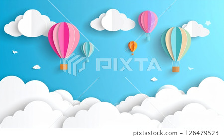 Colorful hot air balloons flying in a summer sky with clouds and a rainbow, a fun cartoon illustration of travel and adventure 126479523
