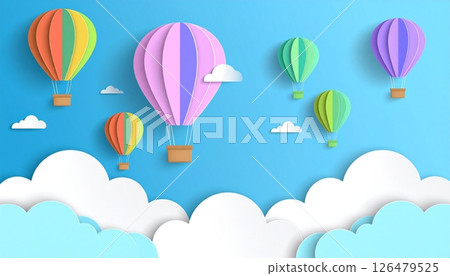 Colorful hot air balloons flying in a summer sky with clouds and a rainbow, a fun cartoon illustration of travel and adventure 126479525