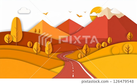 Vector cartoon illustration of a winter landscape with trees and mountains, perfect for nature art 126479548