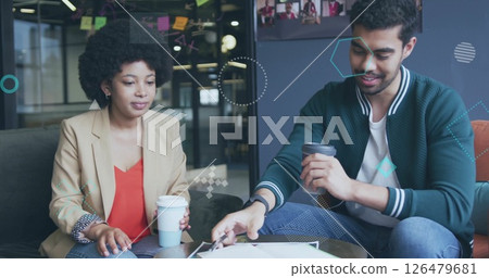 Image of financial data processing over diverse business people in office Image of financial data processing over diverse business people in office 126479681