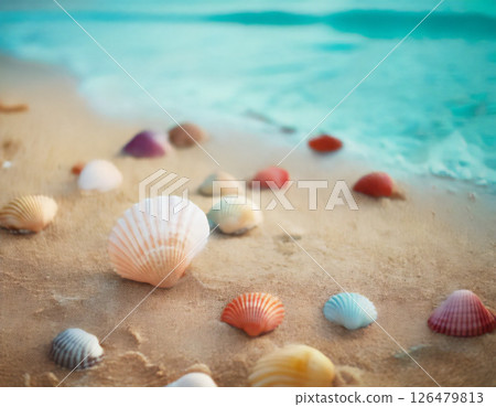 海灘上有很多美麗的貝殼。美麗的海浪。人工智慧圖像。 海灘上有很多美麗的貝殼。美麗的海浪。人工智慧圖像。 126479813
