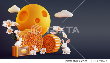 Mid autumn festival dark 3d background. Mooncakes, rabbits, frangipani flowers, moon and clouds at night. Chinese traditional holiday of harvest and family with asian sweet food gift. 3D illustration 126479824