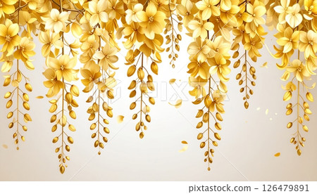 Golden stars illuminate a floral branch with autumn leaves and blossoms 126479891